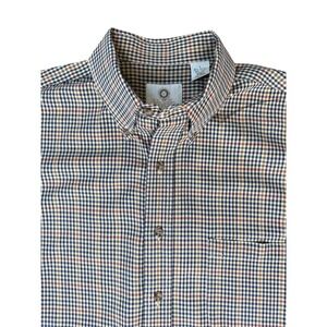 Viyella Mens Large Cotton Wool Blend Tattersall Check Button Down Shirt Navy Tan